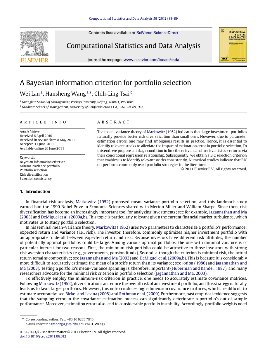 A Bayesian information criterion for portfolio selection