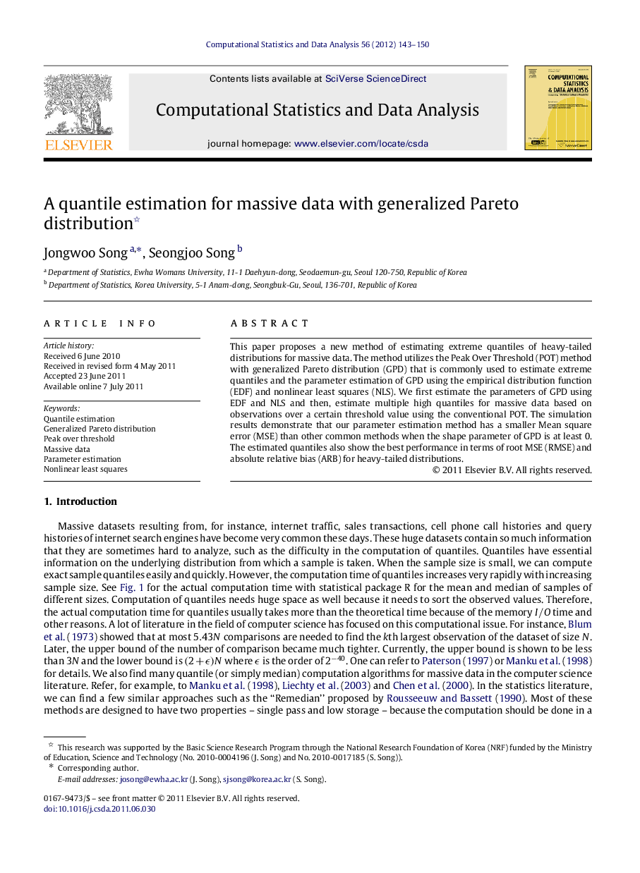 A quantile estimation for massive data with generalized Pareto distribution 