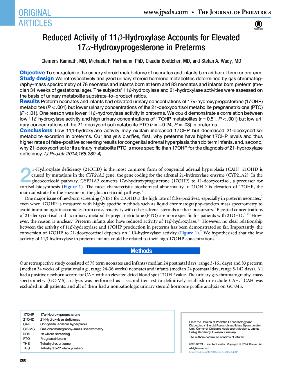 Reduced Activity of 11β-Hydroxylase Accounts for Elevated 17α-Hydroxyprogesterone in Preterms 