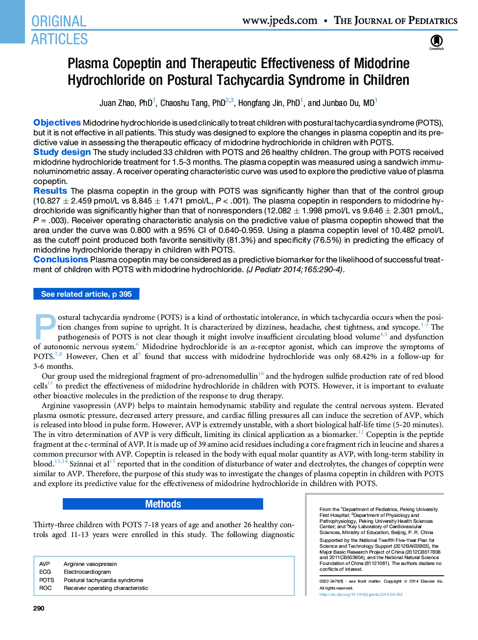 Plasma Copeptin and Therapeutic Effectiveness of Midodrine Hydrochloride on Postural Tachycardia Syndrome in Children