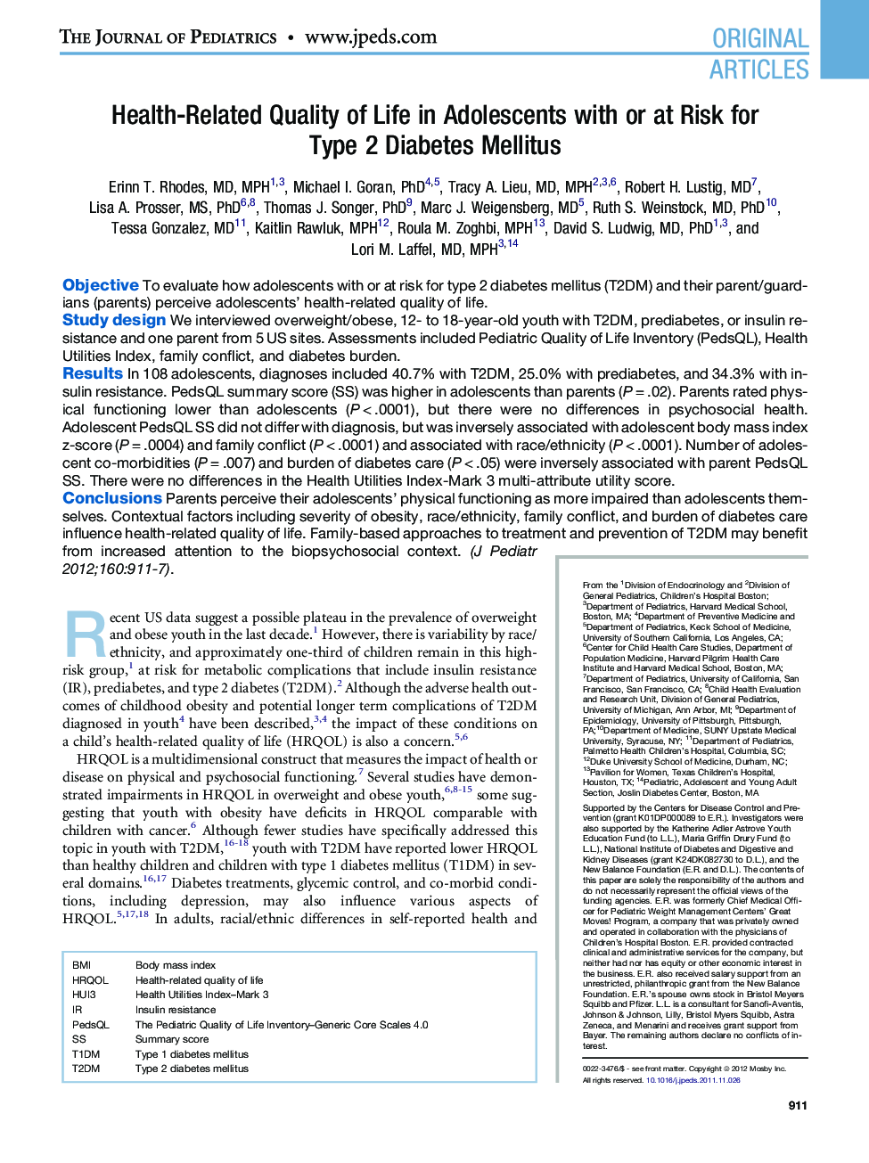 Health-Related Quality of Life in Adolescents with or at Risk for Type 2 Diabetes Mellitus 