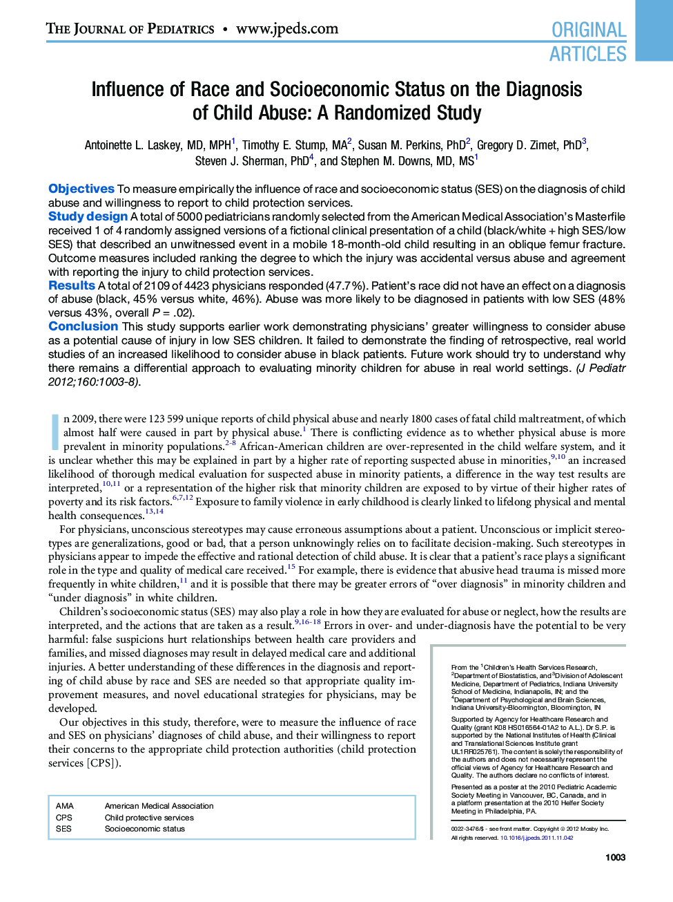 Influence of Race and Socioeconomic Status on the Diagnosis of Child Abuse: A Randomized Study