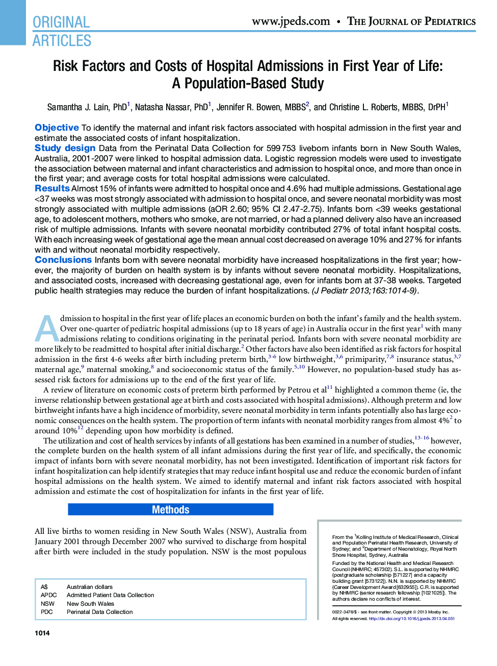 Risk Factors and Costs of Hospital Admissions in First Year of Life: A Population-Based Study 