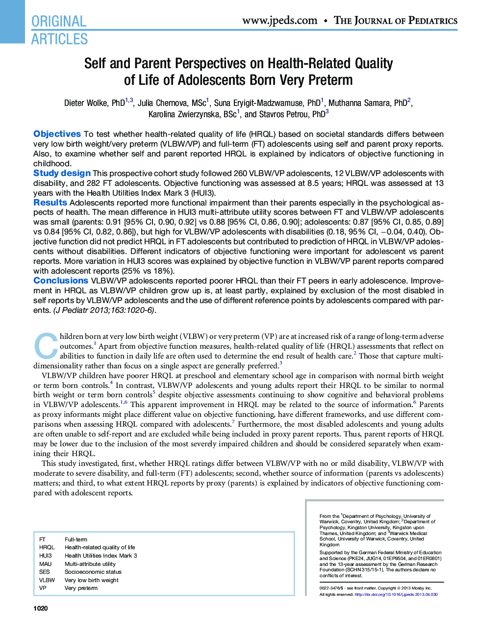 Self and Parent Perspectives on Health-Related Quality of Life of Adolescents Born Very Preterm