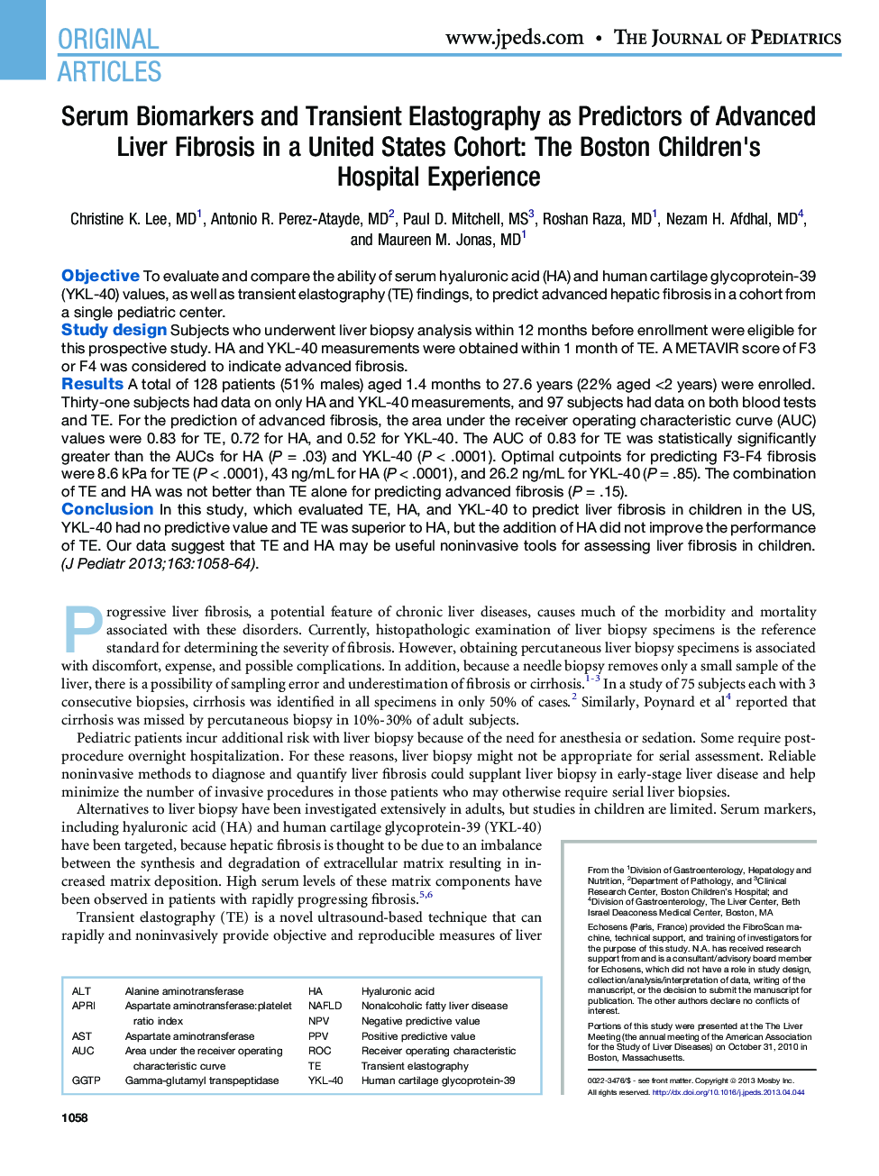 Serum Biomarkers and Transient Elastography as Predictors of Advanced Liver Fibrosis in a United States Cohort: The Boston Children's Hospital Experience