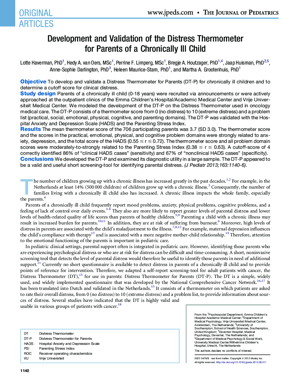 Development and Validation of the Distress Thermometer for Parents of a Chronically Ill Child