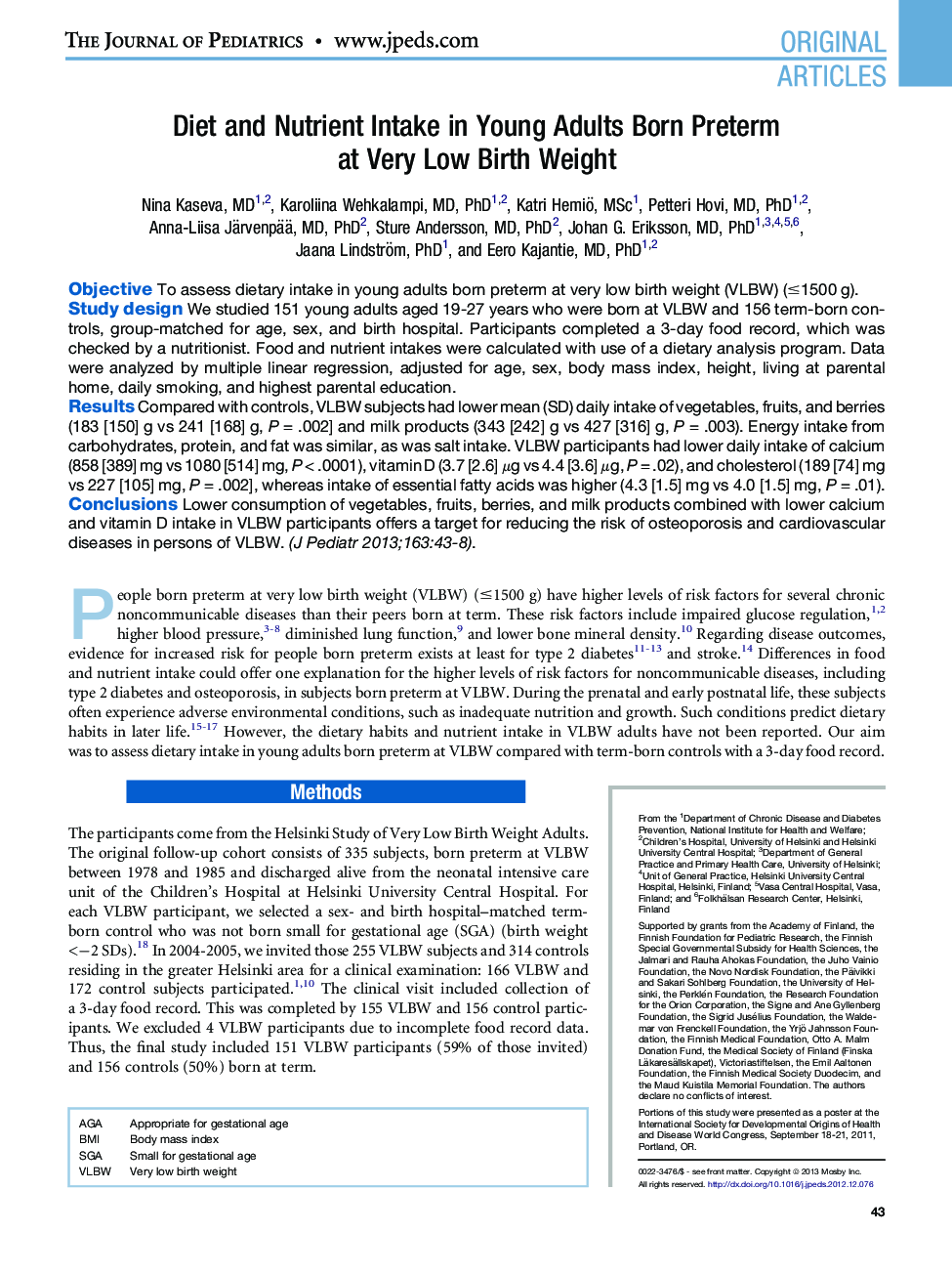 Diet and Nutrient Intake in Young Adults Born Preterm at Very Low Birth Weight 