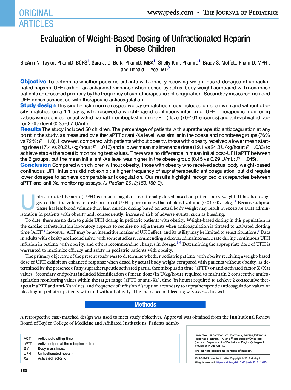 Evaluation of Weight-Based Dosing of Unfractionated Heparin in Obese Children 