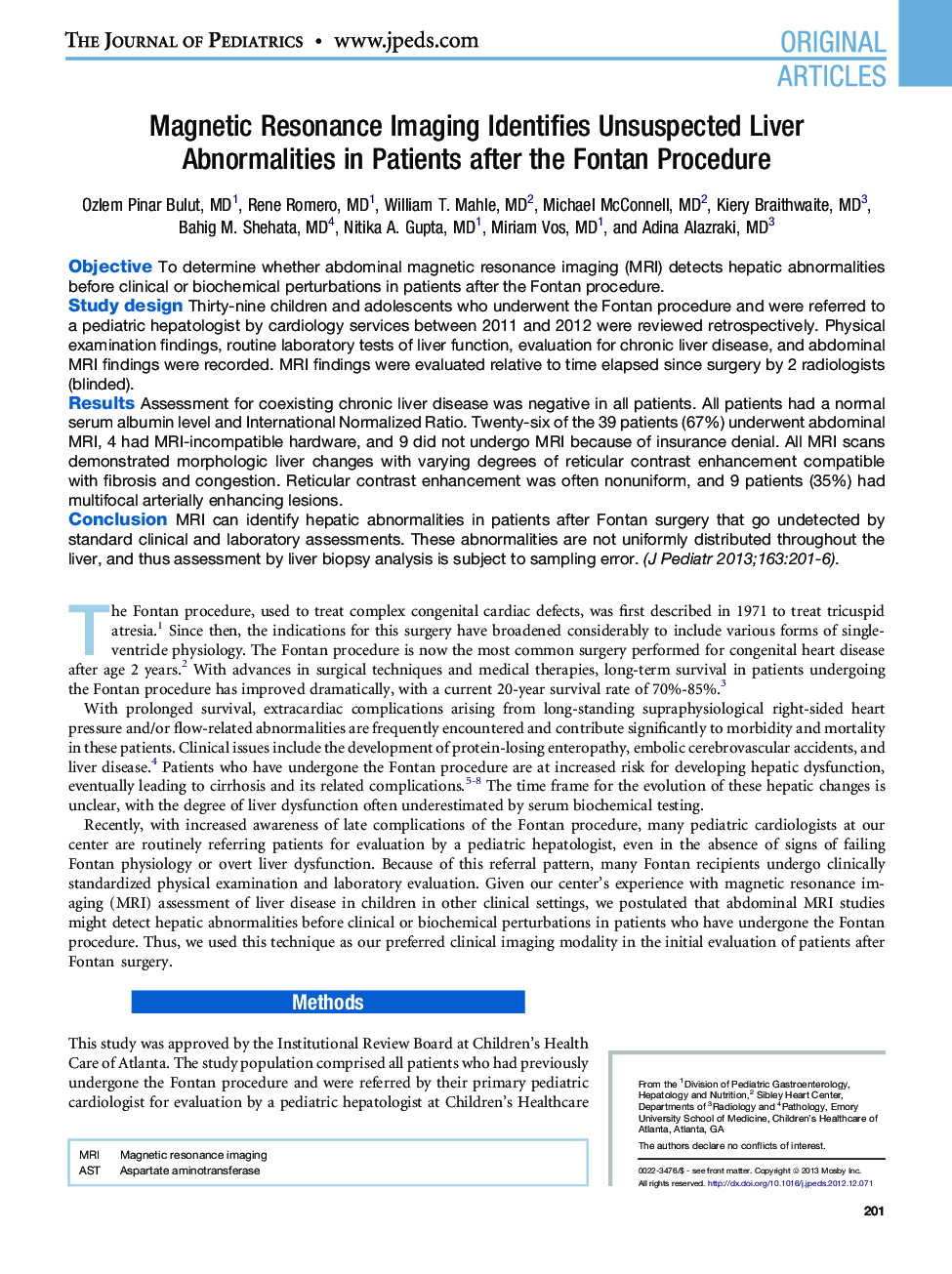 Magnetic Resonance Imaging Identifies Unsuspected Liver Abnormalities in Patients after the Fontan Procedure 