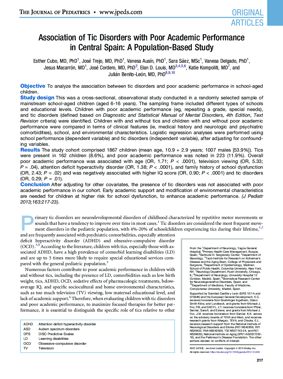 عکس صفحه اول مقاله: Association of Tic Disorders with Poor Academic Performance in Central Spain: A Population-Based Study Association of Tic Disorders with Poor Academic Performance in Central Spain: A Population-Based Study