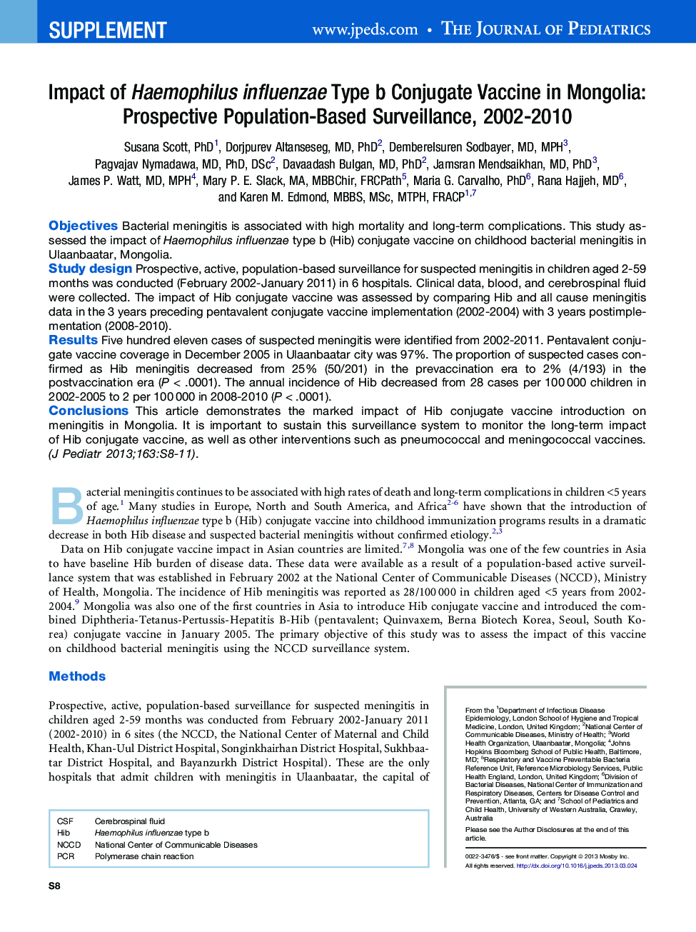 Impact of Haemophilus influenzae Type b Conjugate Vaccine in Mongolia: Prospective Population-Based Surveillance, 2002-2010 