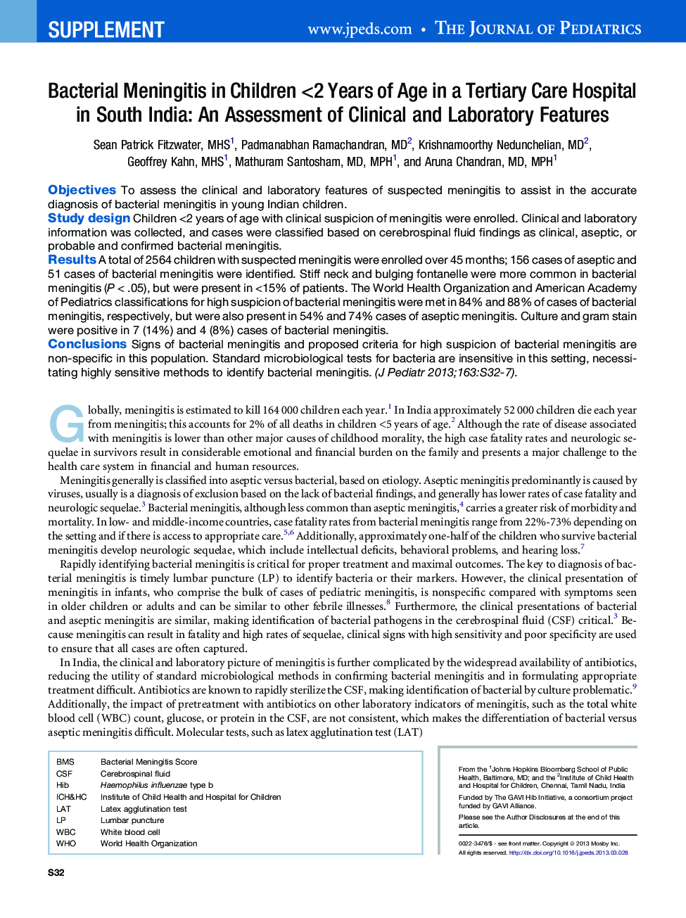 Bacterial Meningitis in Children <2 Years of Age in a Tertiary Care Hospital in South India: An Assessment of Clinical and Laboratory Features 