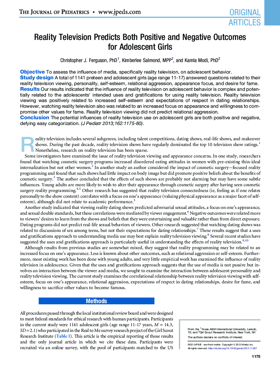 عکس صفحه اول مقاله: Reality Television Predicts Both Positive and Negative Outcomes for Adolescent Girls Reality Television Predicts Both Positive and Negative Outcomes for Adolescent Girls
