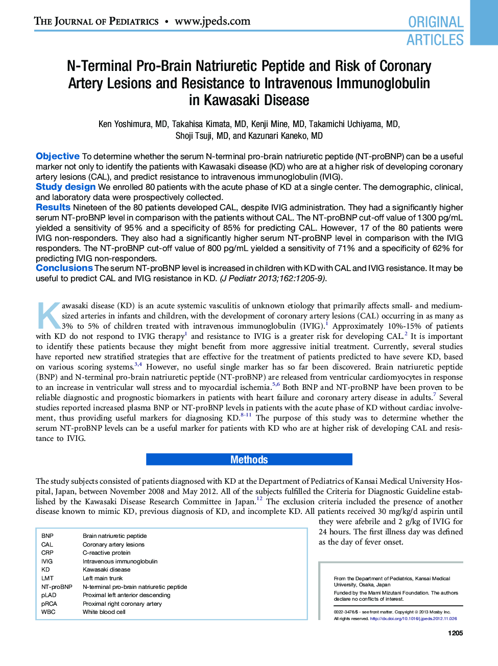 N-Terminal Pro-Brain Natriuretic Peptide and Risk of Coronary Artery Lesions and Resistance to Intravenous Immunoglobulin in Kawasaki Disease 