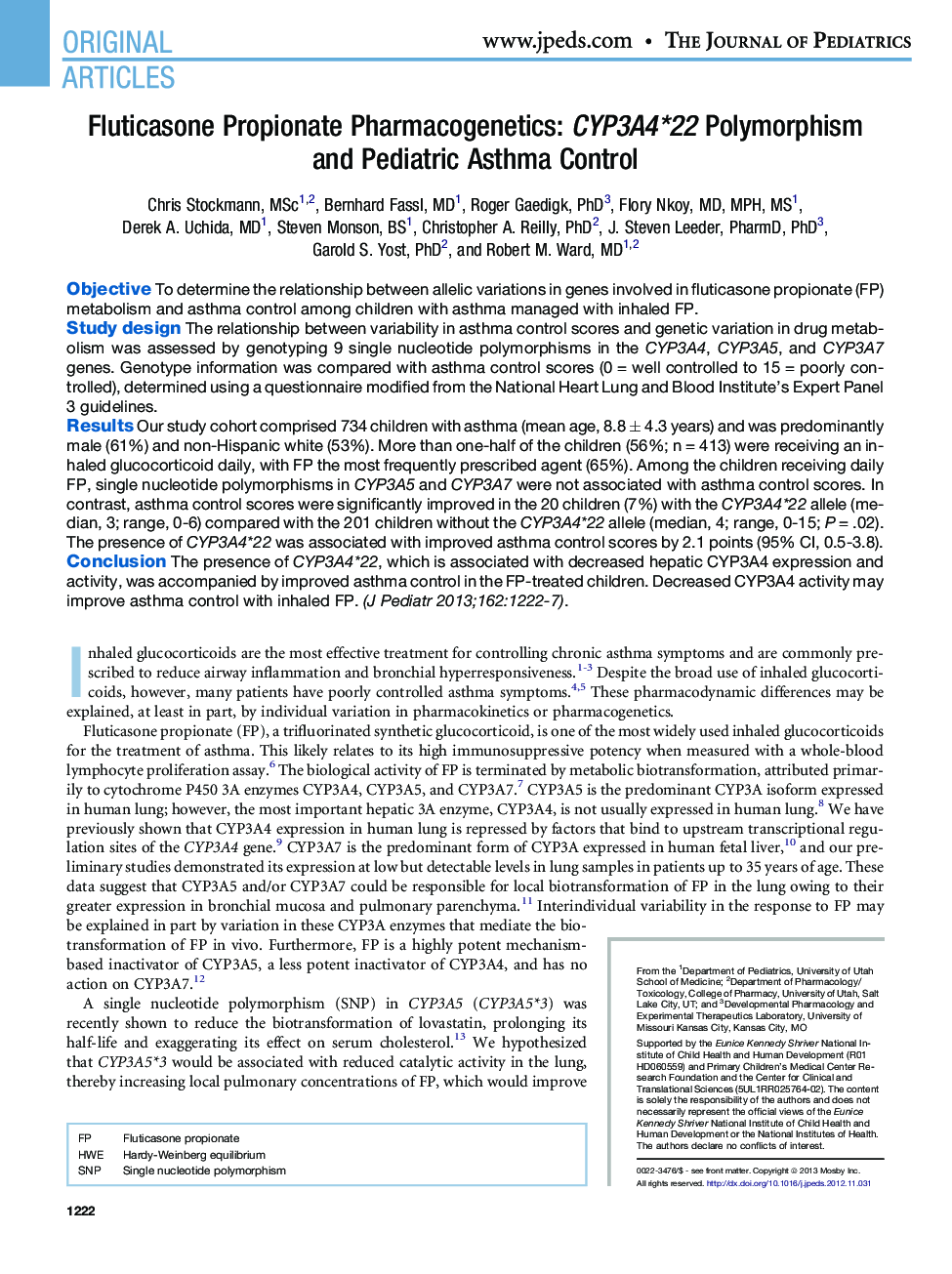 Fluticasone Propionate Pharmacogenetics: CYP3A4*22 Polymorphism and Pediatric Asthma Control