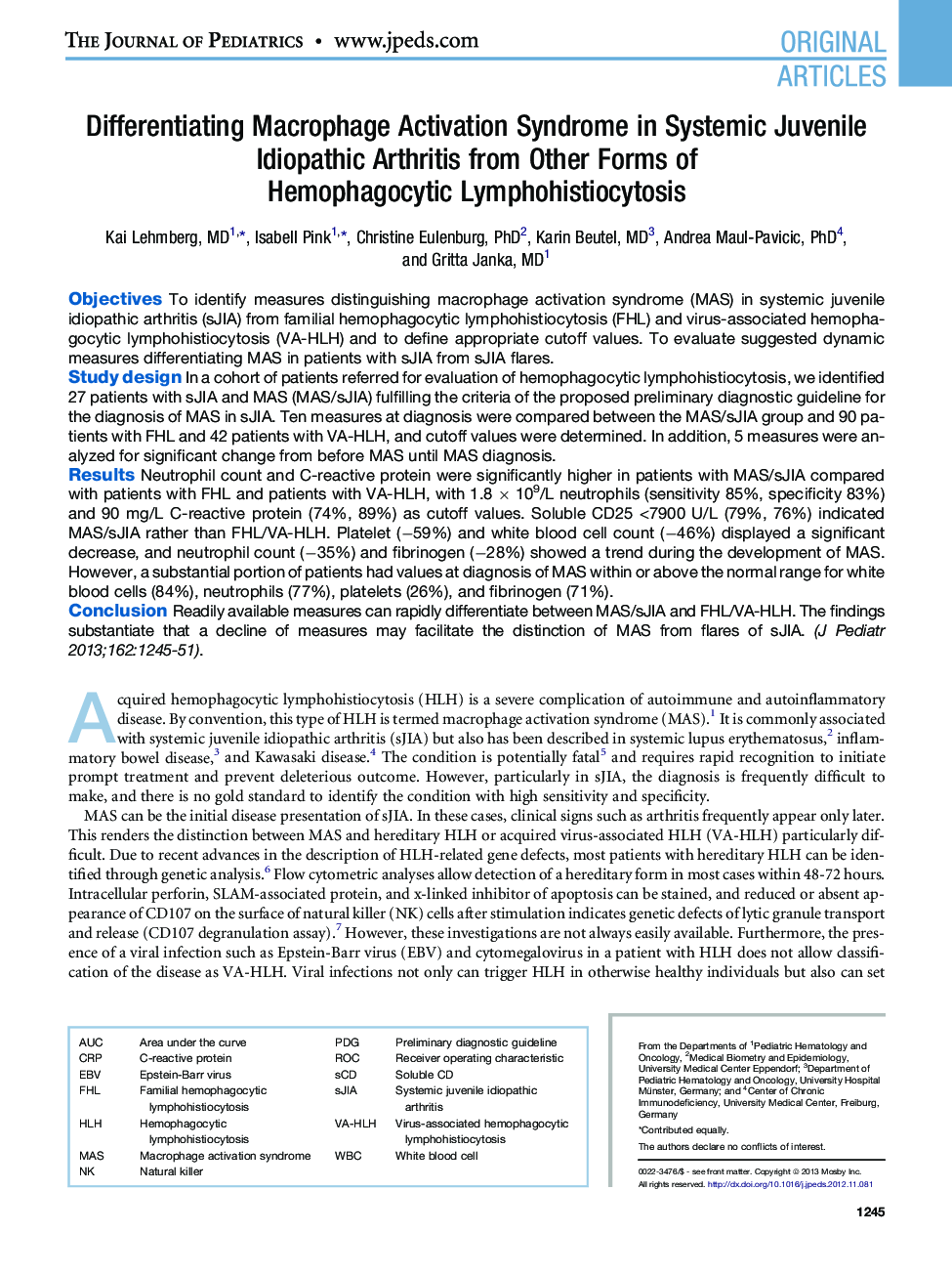 Differentiating Macrophage Activation Syndrome in Systemic Juvenile Idiopathic Arthritis from Other Forms of Hemophagocytic Lymphohistiocytosis 