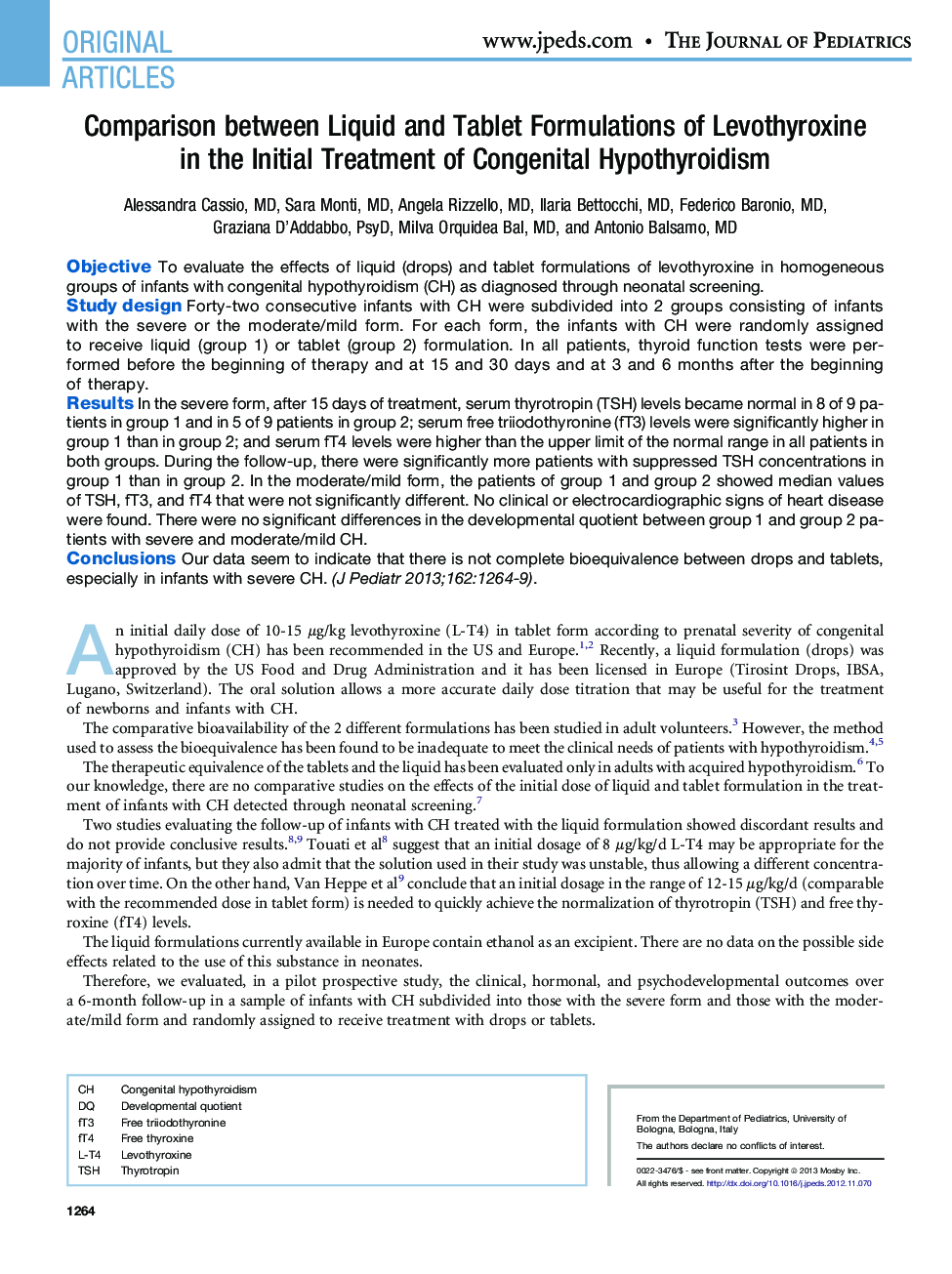 Comparison between Liquid and Tablet Formulations of Levothyroxine in the Initial Treatment of Congenital Hypothyroidism