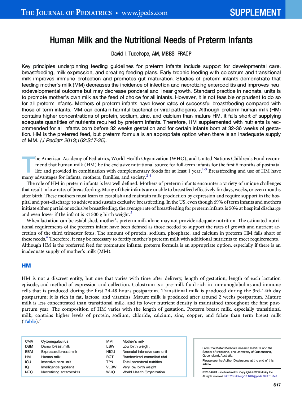 Human Milk and the Nutritional Needs of Preterm Infants 