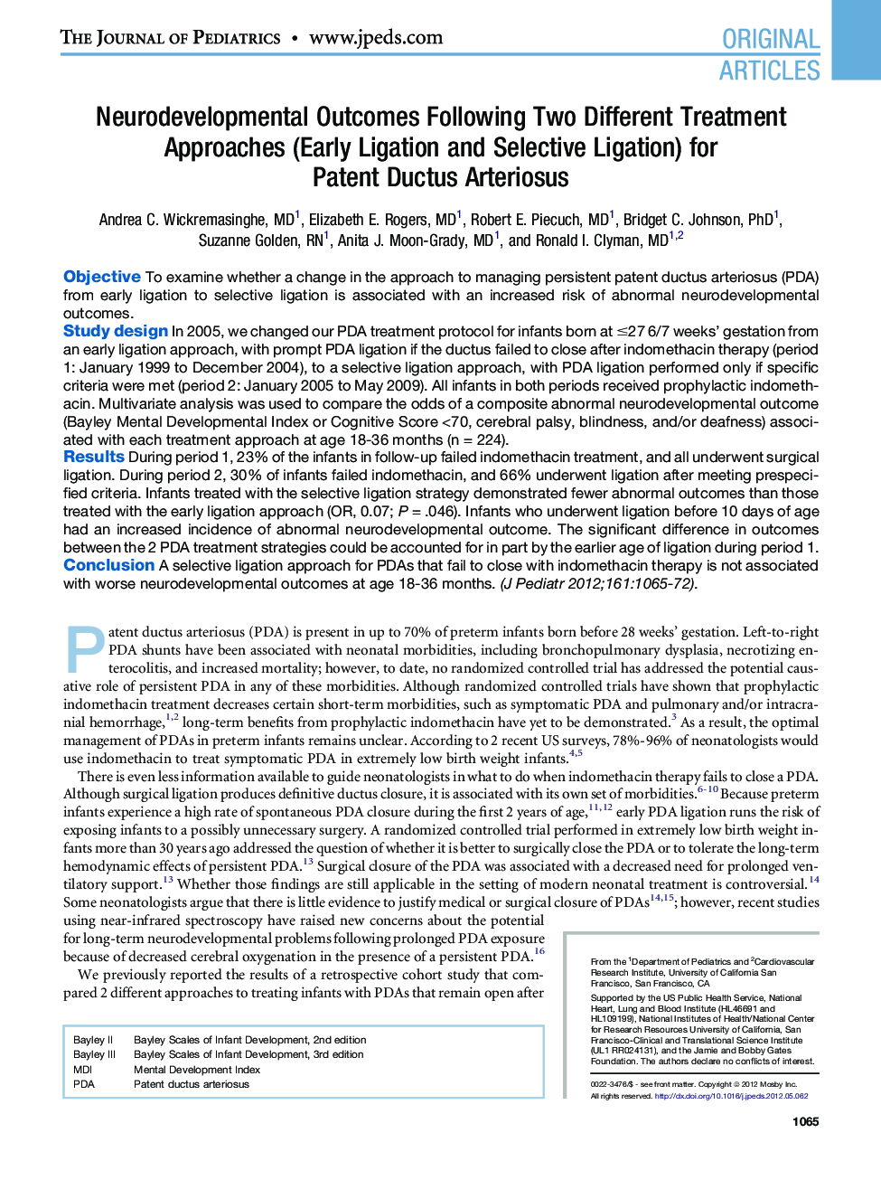 Neurodevelopmental Outcomes Following Two Different Treatment Approaches (Early Ligation and Selective Ligation) for Patent Ductus Arteriosus 