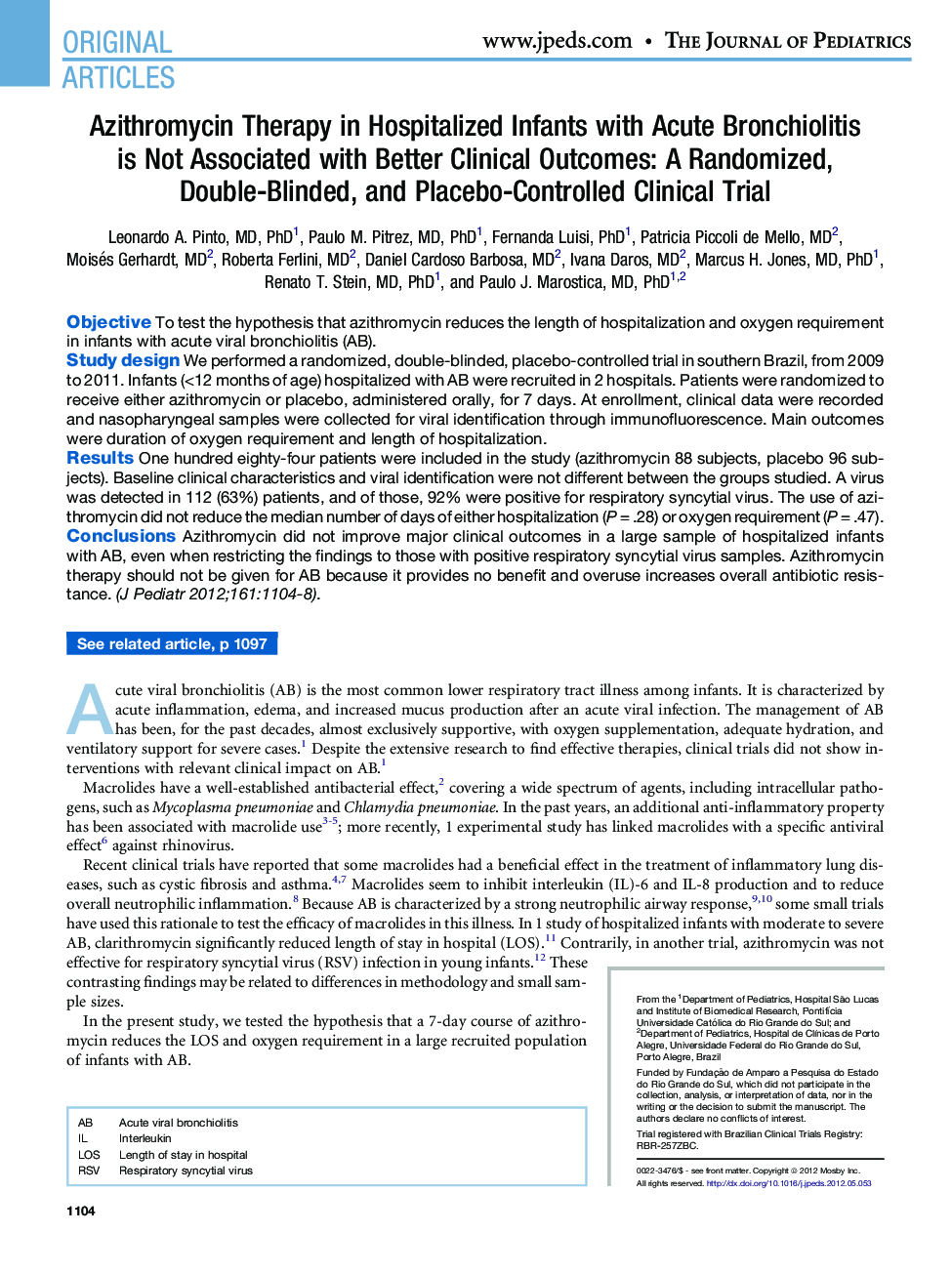 Azithromycin Therapy in Hospitalized Infants with Acute Bronchiolitis is Not Associated with Better Clinical Outcomes: A Randomized, Double-Blinded, and Placebo-Controlled Clinical Trial 