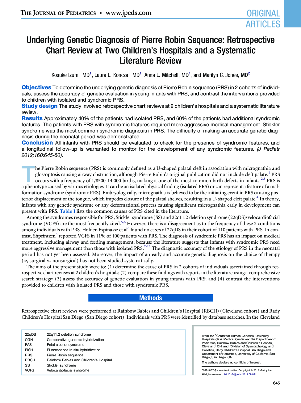 Underlying Genetic Diagnosis of Pierre Robin Sequence: Retrospective Chart Review at Two Children's Hospitals and a Systematic Literature Review