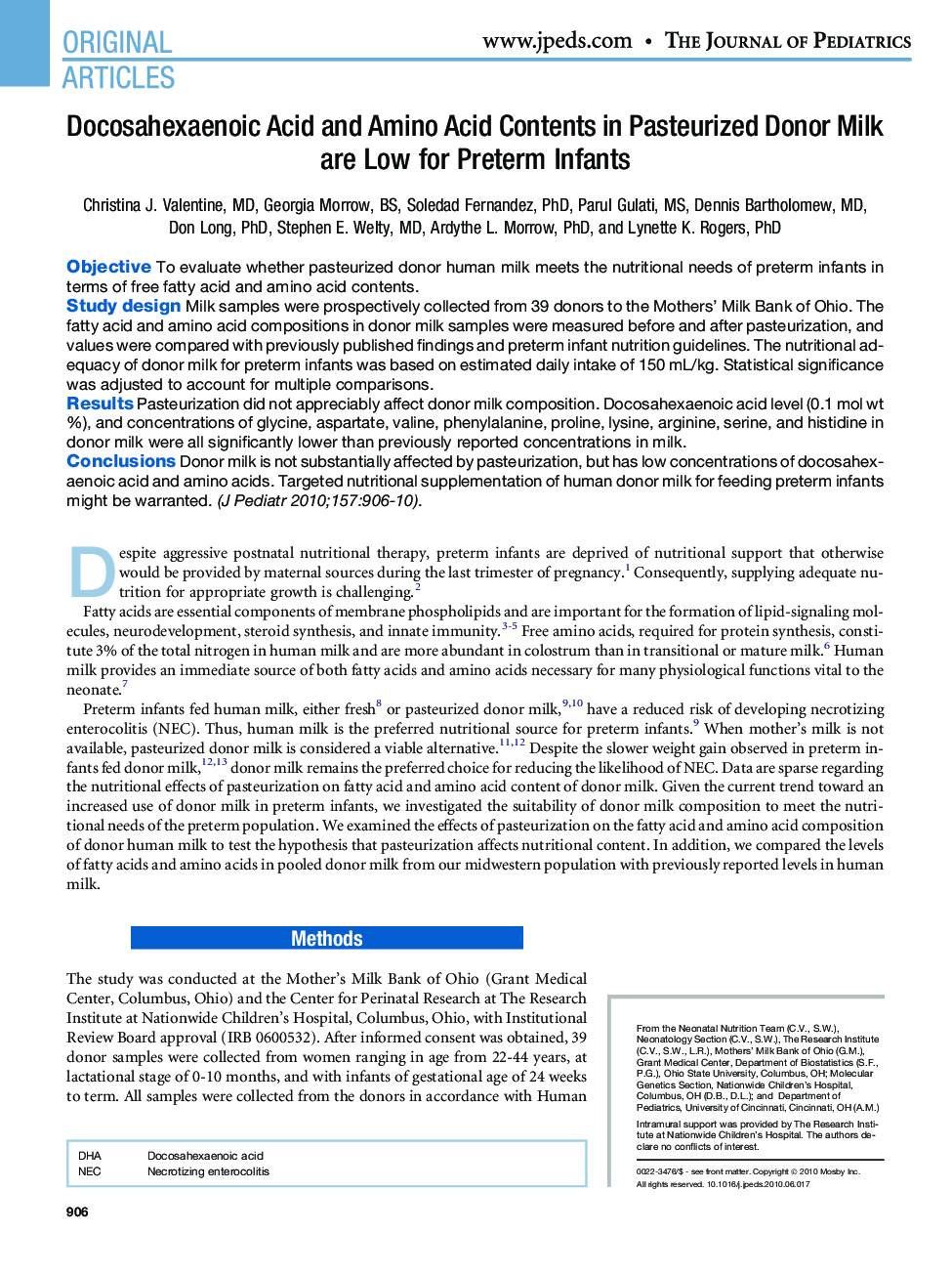 Docosahexaenoic Acid and Amino Acid Contents in Pasteurized Donor Milk are Low for Preterm Infants 