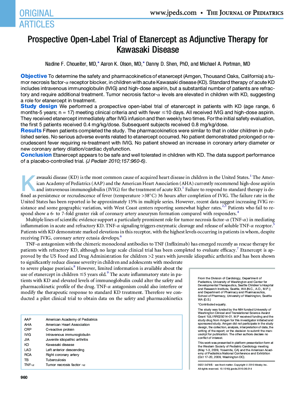 Prospective Open-Label Trial of Etanercept as Adjunctive Therapy for Kawasaki Disease