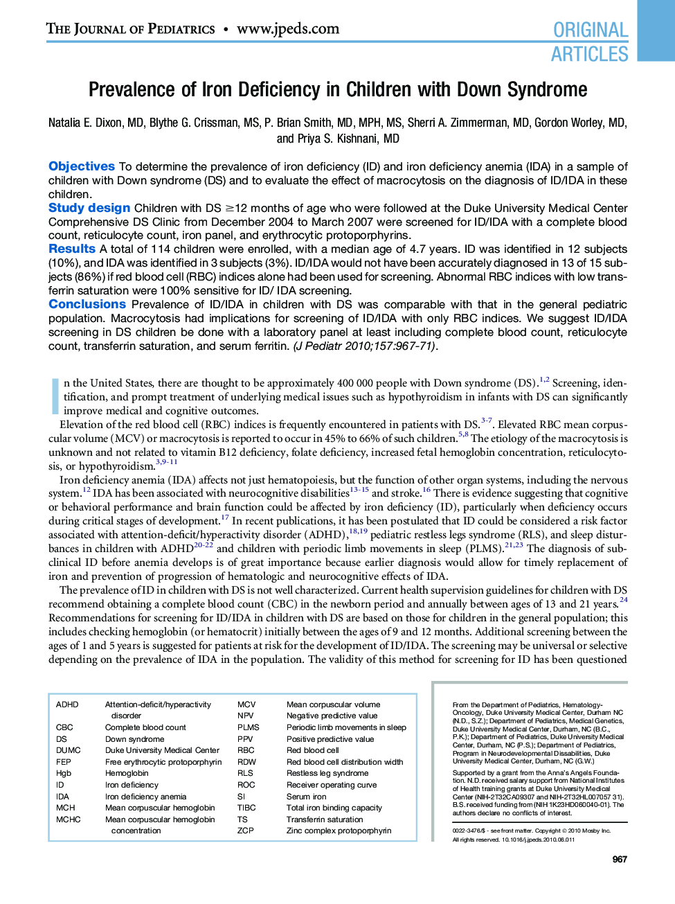 Prevalence of Iron Deficiency in Children with Down Syndrome