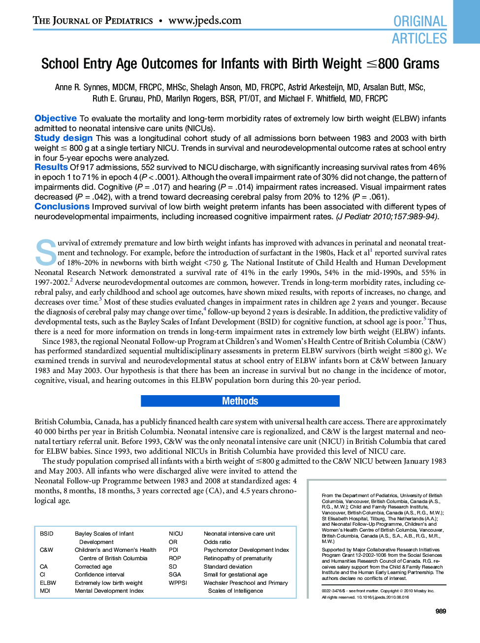 School Entry Age Outcomes for Infants with Birth Weight â¤800 Grams