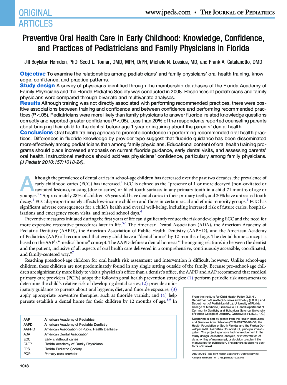 Preventive Oral Health Care in Early Childhood: Knowledge, Confidence, and Practices of Pediatricians and Family Physicians in Florida