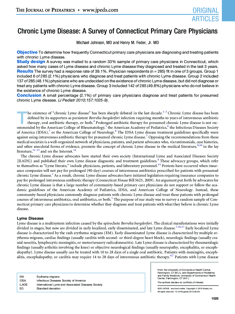 Chronic Lyme Disease: A Survey of Connecticut Primary Care Physicians