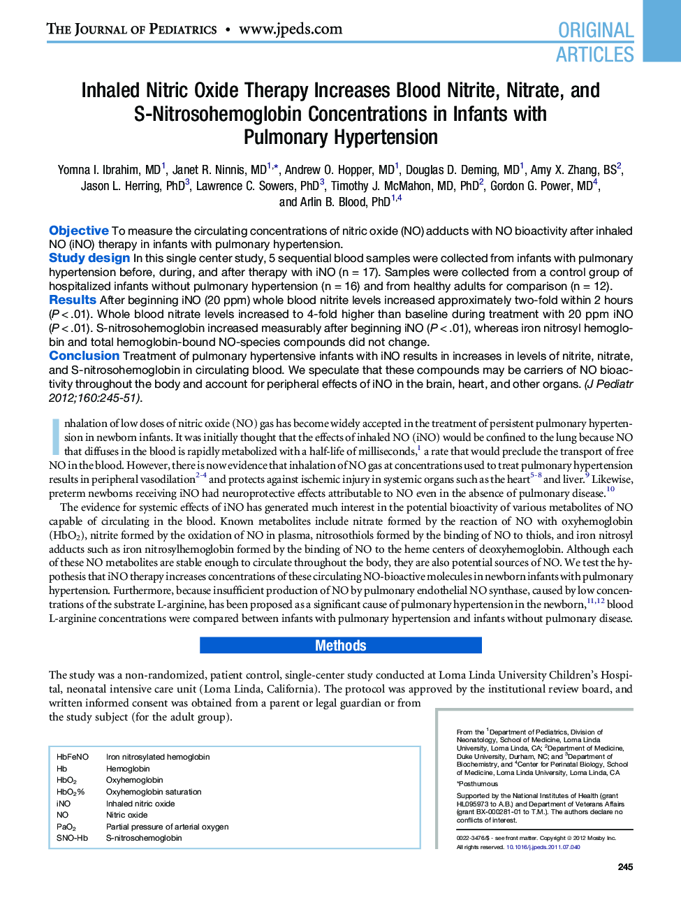 Inhaled Nitric Oxide Therapy Increases Blood Nitrite, Nitrate, and S-Nitrosohemoglobin Concentrations in Infants with Pulmonary Hypertension 