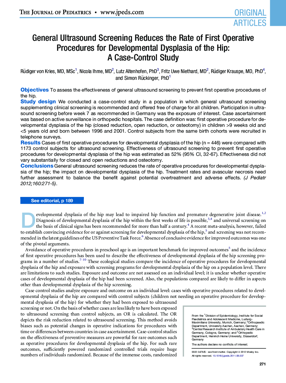 General Ultrasound Screening Reduces the Rate of First Operative Procedures for Developmental Dysplasia of the Hip: A Case-Control Study 