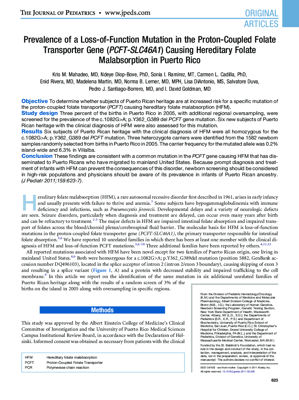 Prevalence of a Loss-of-Function Mutation in the Proton-Coupled Folate Transporter Gene (PCFT-SLC46A1) Causing Hereditary Folate Malabsorption in Puerto Rico