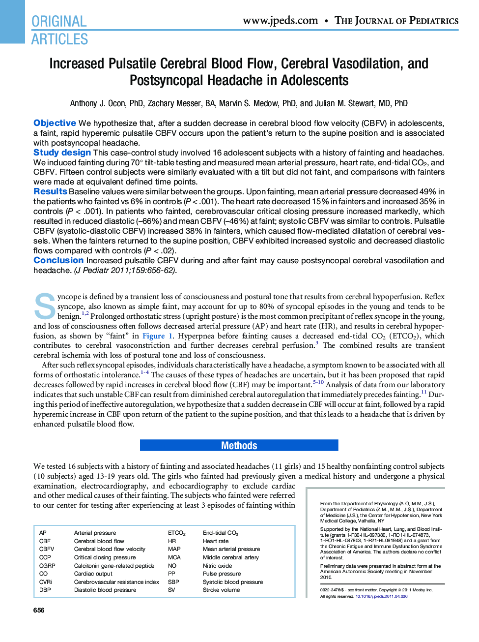 Increased Pulsatile Cerebral Blood Flow, Cerebral Vasodilation, and Postsyncopal Headache in Adolescents