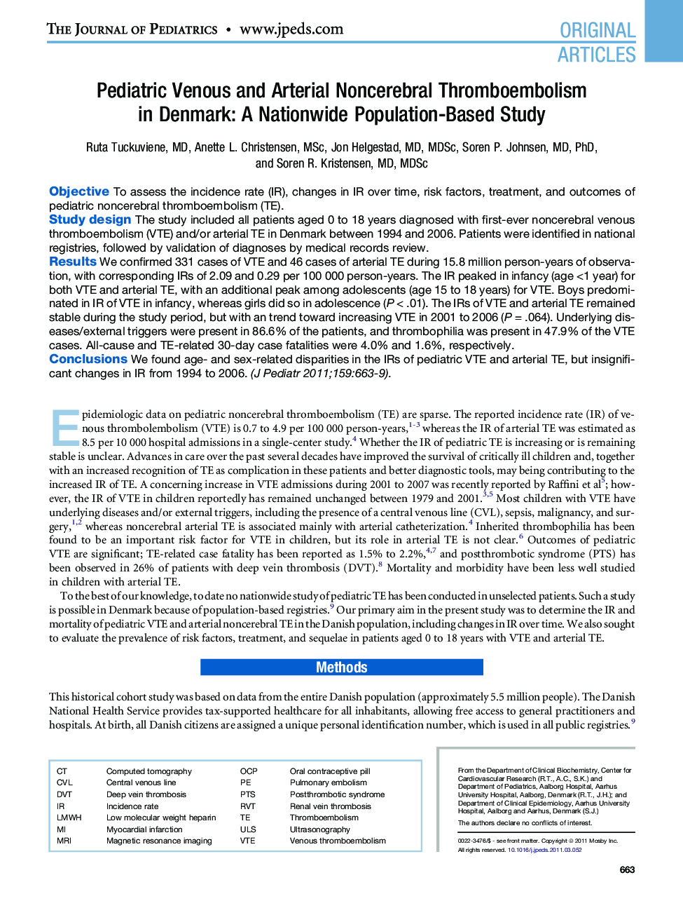 Pediatric Venous and Arterial Noncerebral Thromboembolism in Denmark: A Nationwide Population-Based Study 