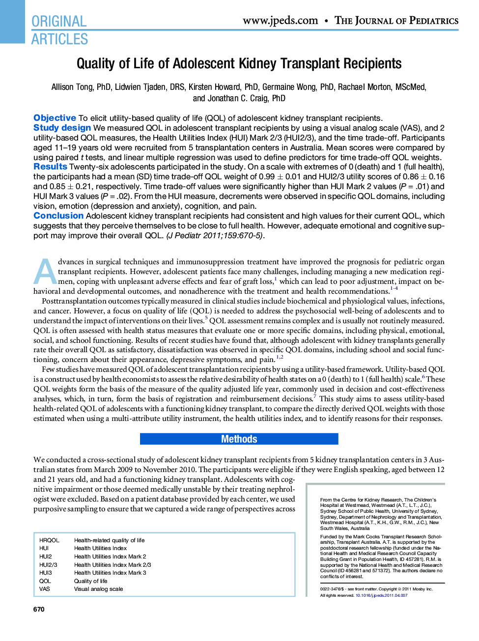 Quality of Life of Adolescent Kidney Transplant Recipients