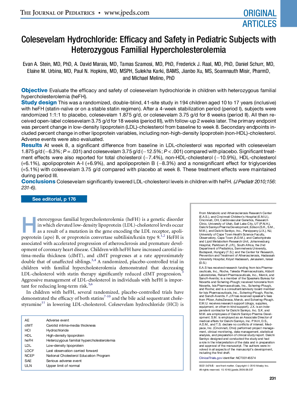 Colesevelam Hydrochloride: Efficacy and Safety in Pediatric Subjects with Heterozygous Familial Hypercholesterolemia