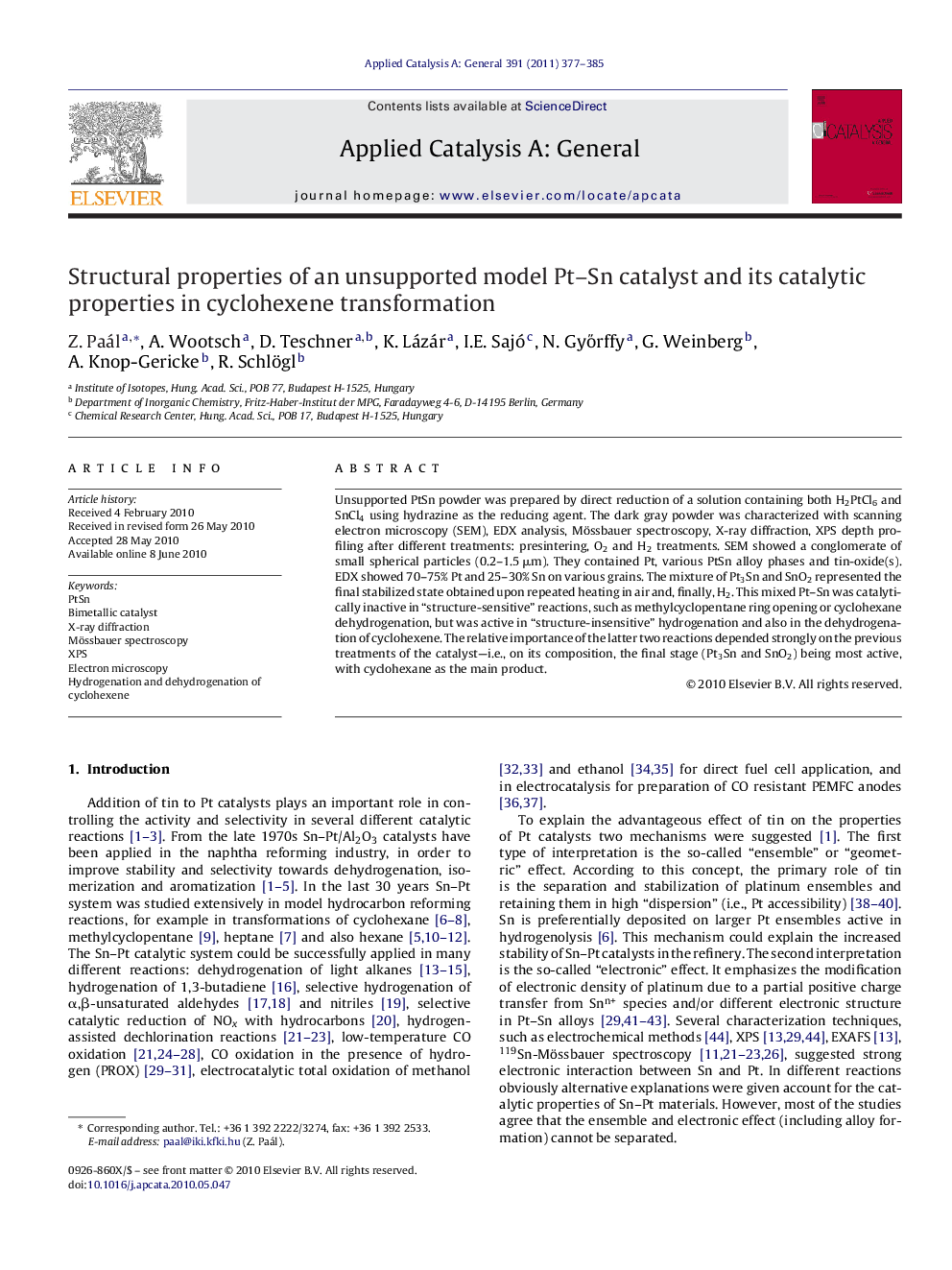 Structural properties of an unsupported model Pt–Sn catalyst and its catalytic properties in cyclohexene transformation