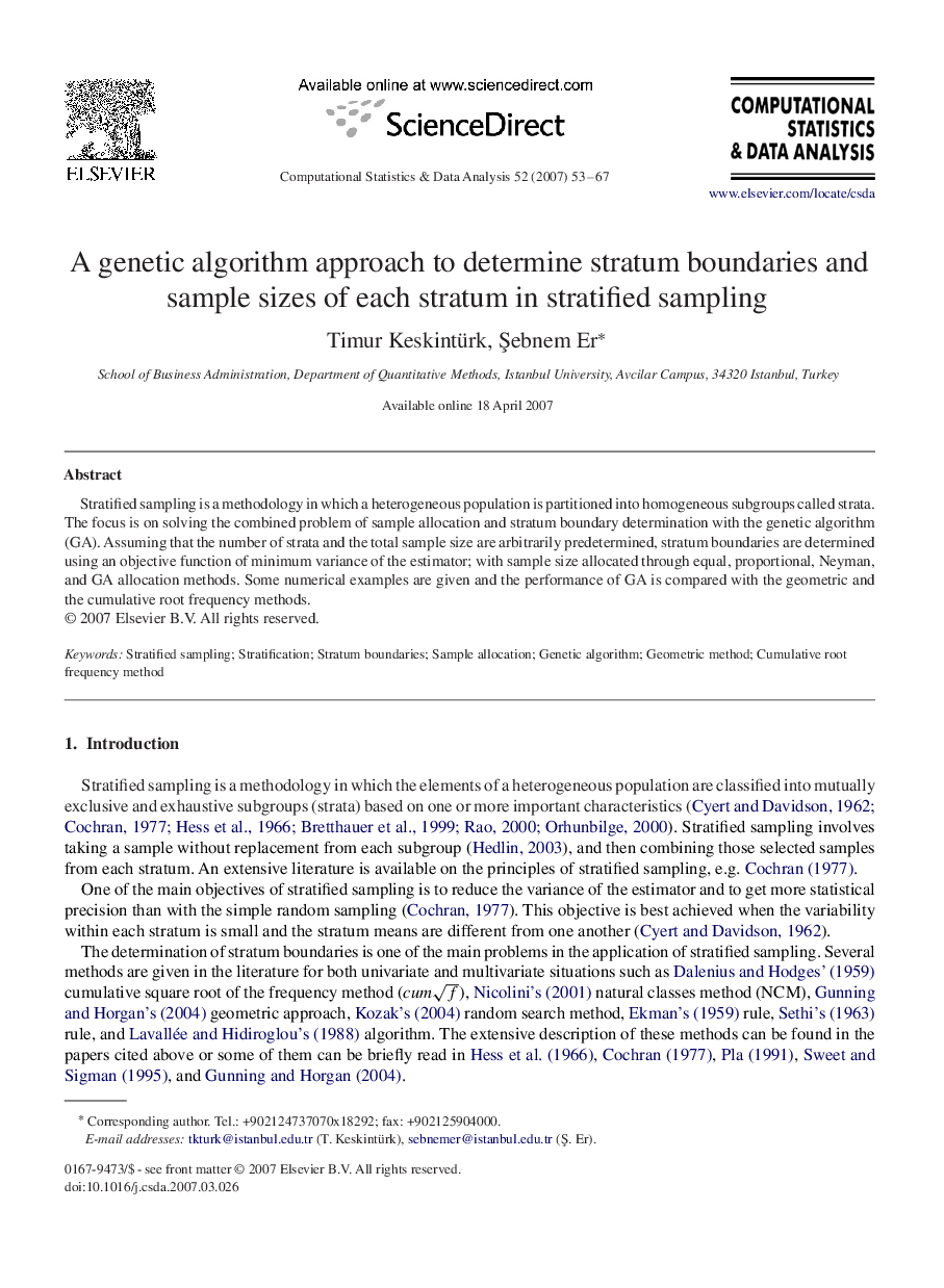 A genetic algorithm approach to determine stratum boundaries and sample sizes of each stratum in stratified sampling