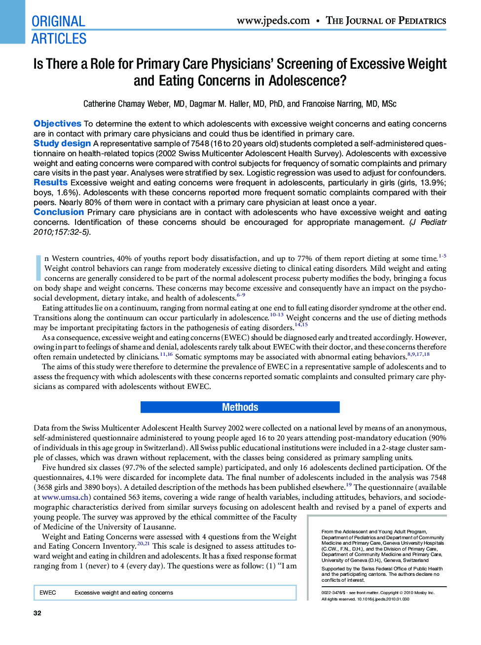 Is There a Role for Primary Care Physicians' Screening of Excessive Weight and Eating Concerns in Adolescence? 