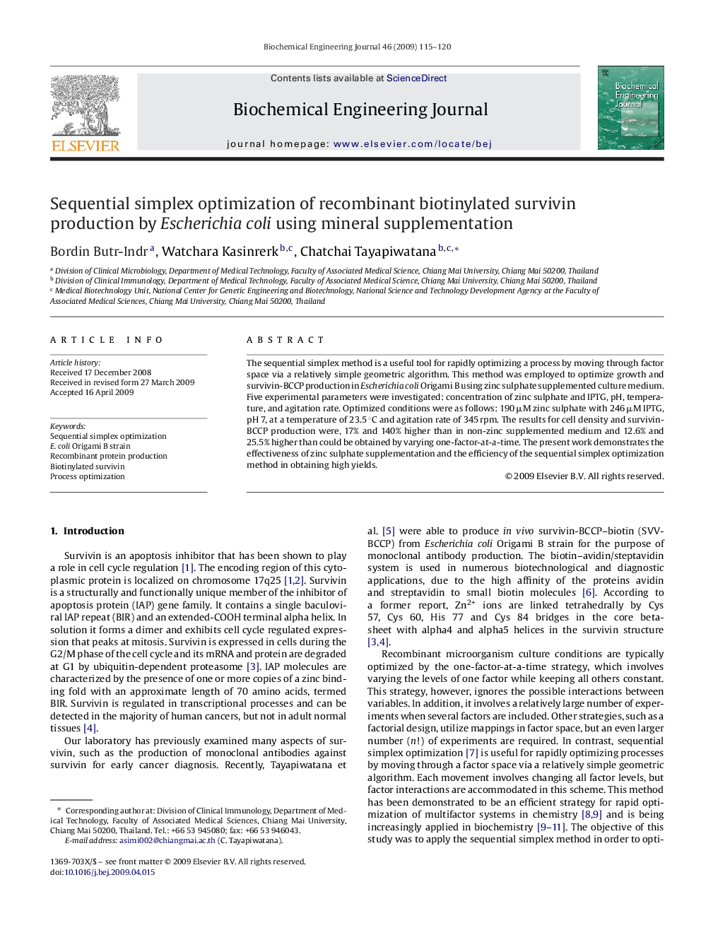 Sequential simplex optimization of recombinant biotinylated survivin production by Escherichia coli using mineral supplementation