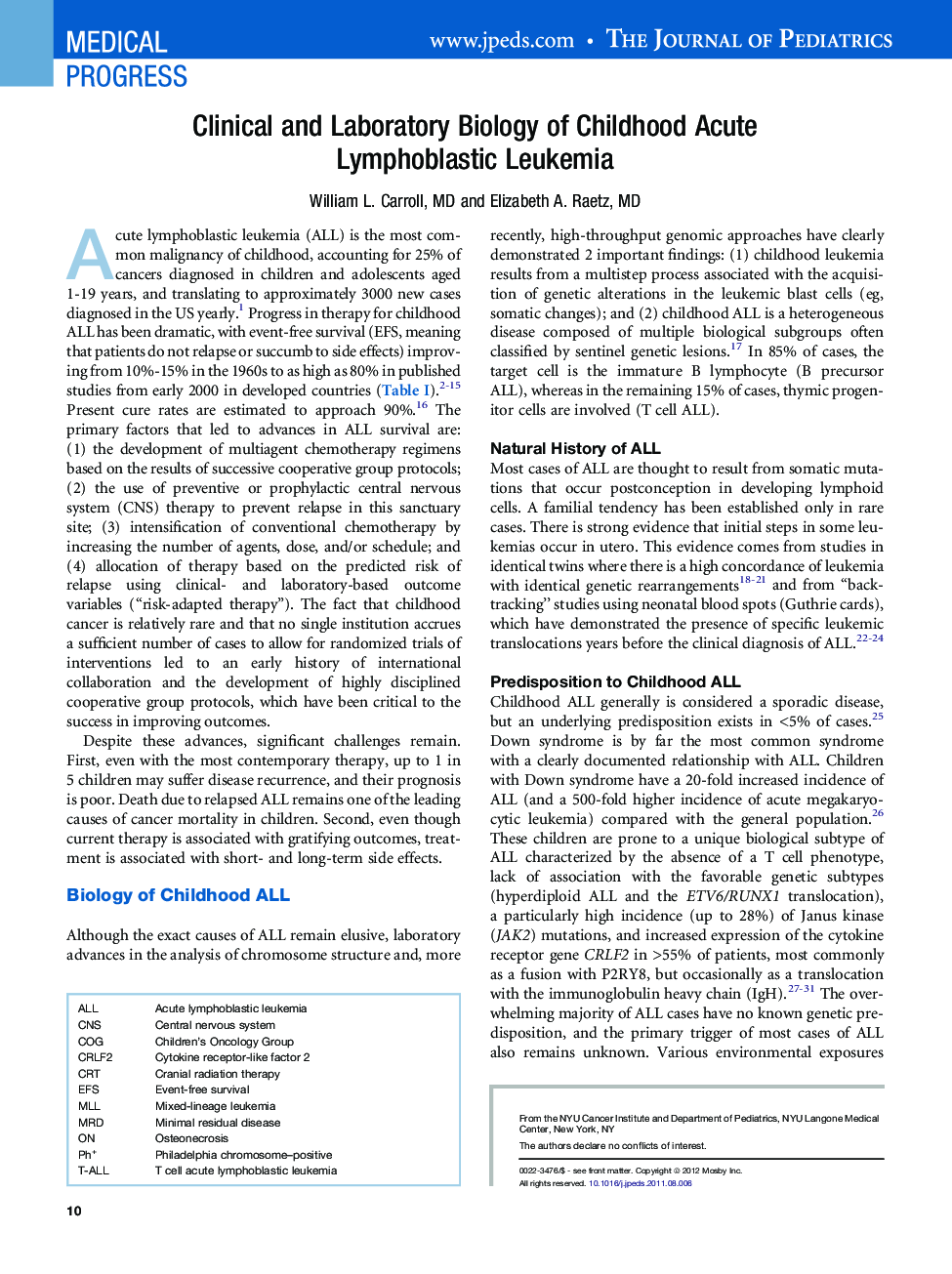 Clinical and Laboratory Biology of Childhood Acute Lymphoblastic Leukemia