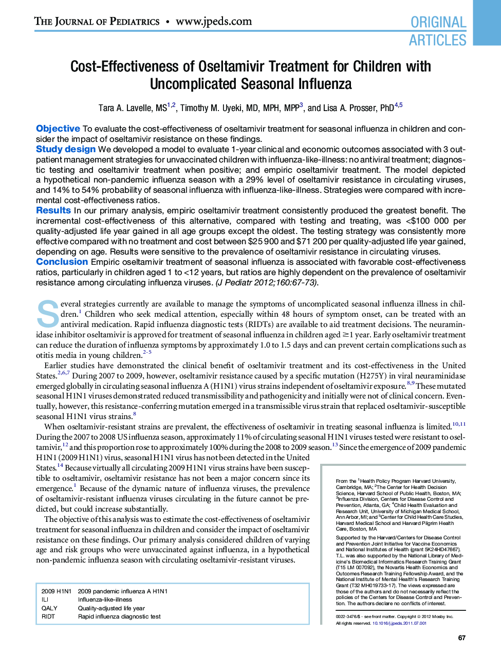 Cost-Effectiveness of Oseltamivir Treatment for Children with Uncomplicated Seasonal Influenza