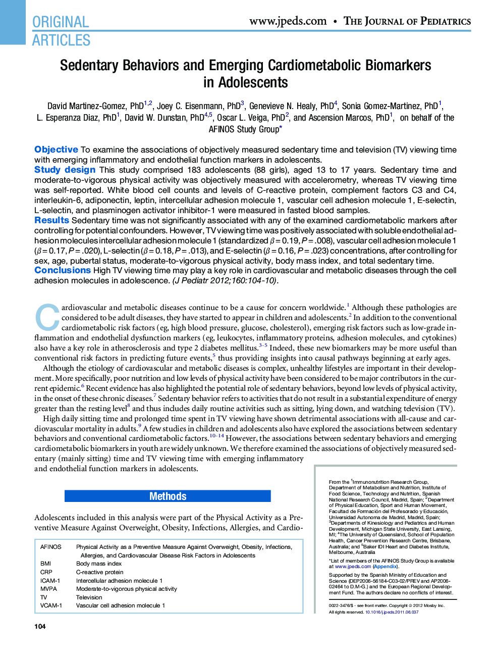 Sedentary Behaviors and Emerging Cardiometabolic Biomarkers in Adolescents