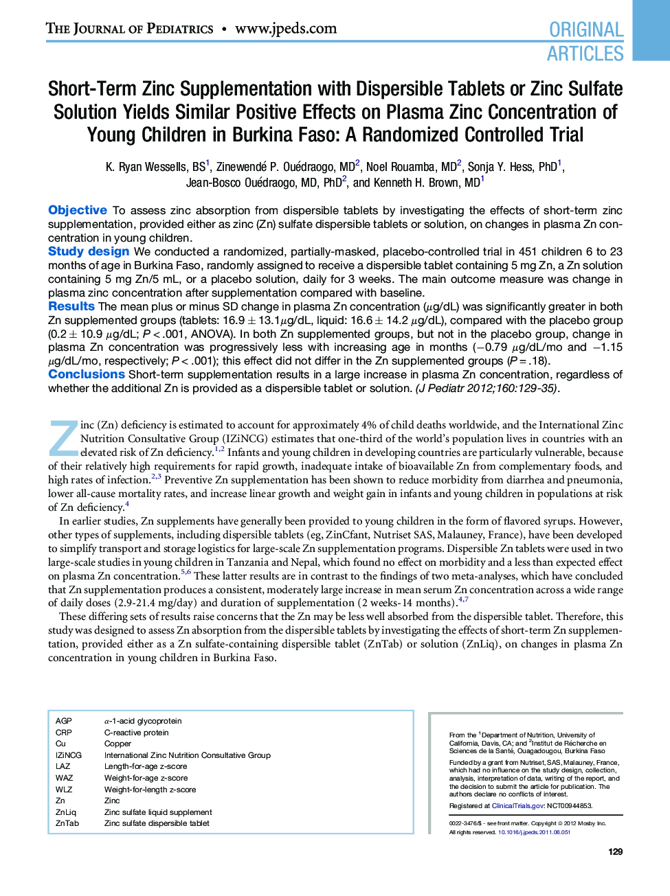 Short-Term Zinc Supplementation with Dispersible Tablets or Zinc Sulfate Solution Yields Similar Positive Effects on Plasma Zinc Concentration of Young Children in Burkina Faso: A Randomized Controlled Trial
