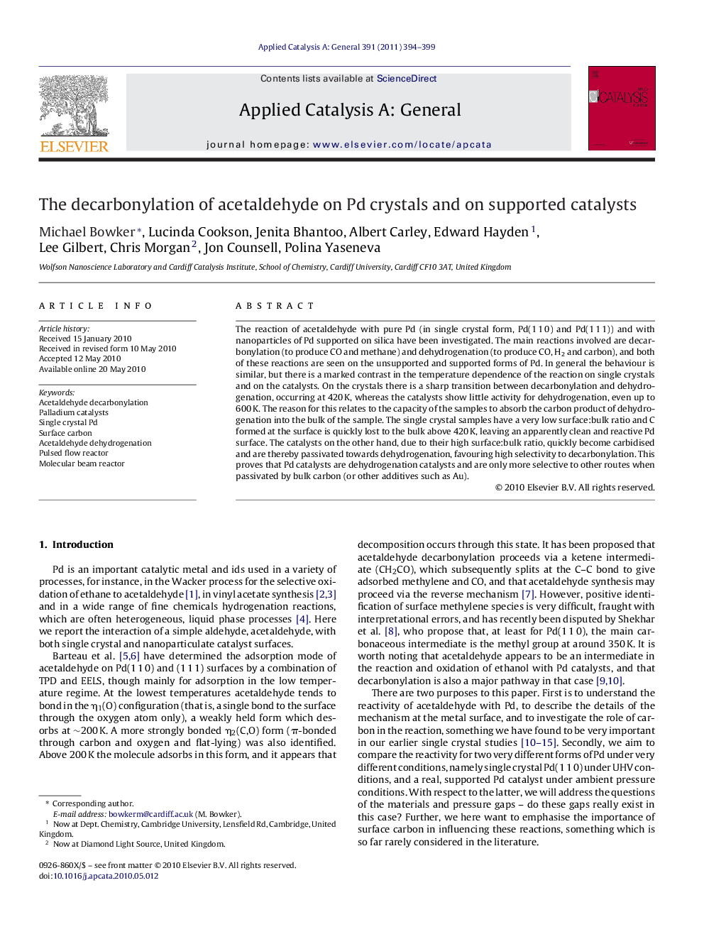 The decarbonylation of acetaldehyde on Pd crystals and on supported catalysts