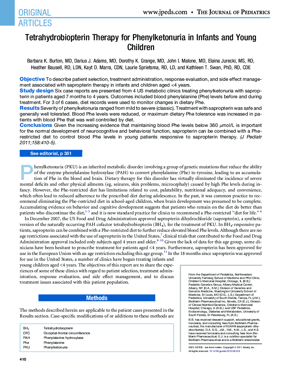 Tetrahydrobiopterin Therapy for Phenylketonuria in Infants and Young Children 