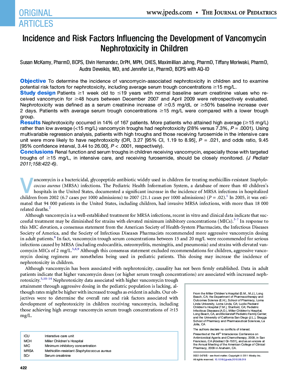 Incidence and Risk Factors Influencing the Development of Vancomycin Nephrotoxicity in Children 