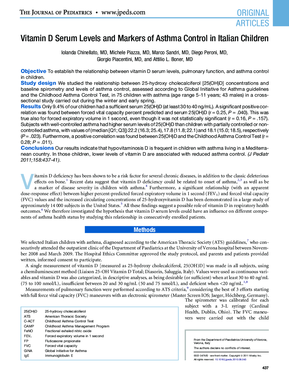 Vitamin D Serum Levels and Markers of Asthma Control in Italian Children 